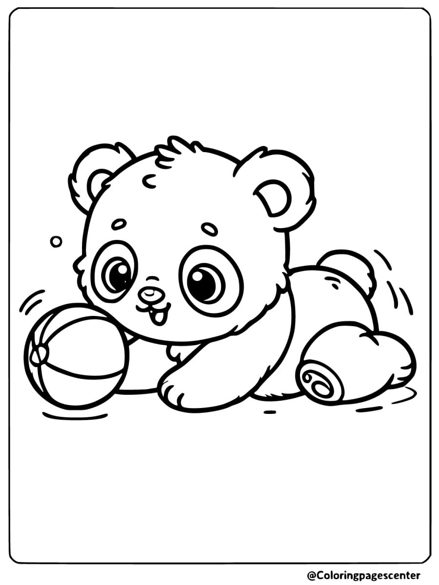 Coloring page of a playful baby panda rolling a ball on the ground