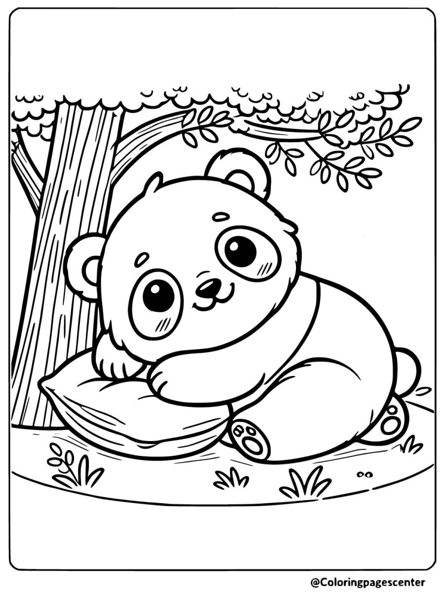 Coloring page of a baby panda resting under a tree with a pillow