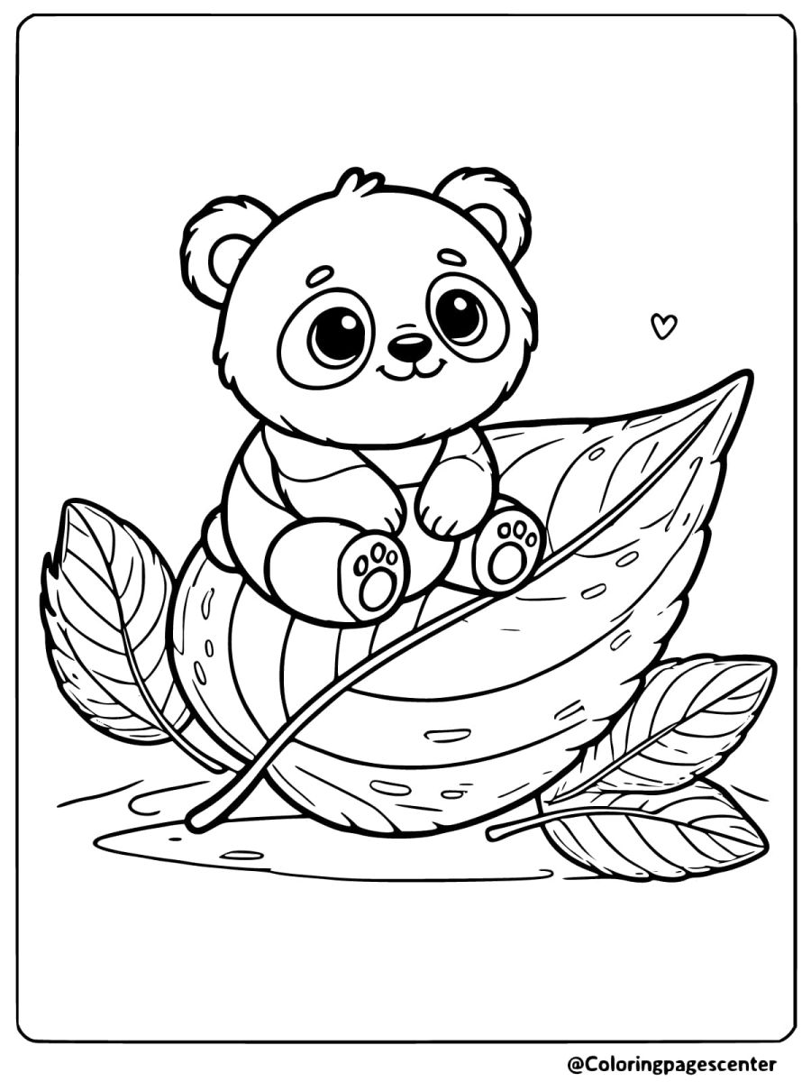 Coloring page of a cute baby panda on a large leaf floating like a boat