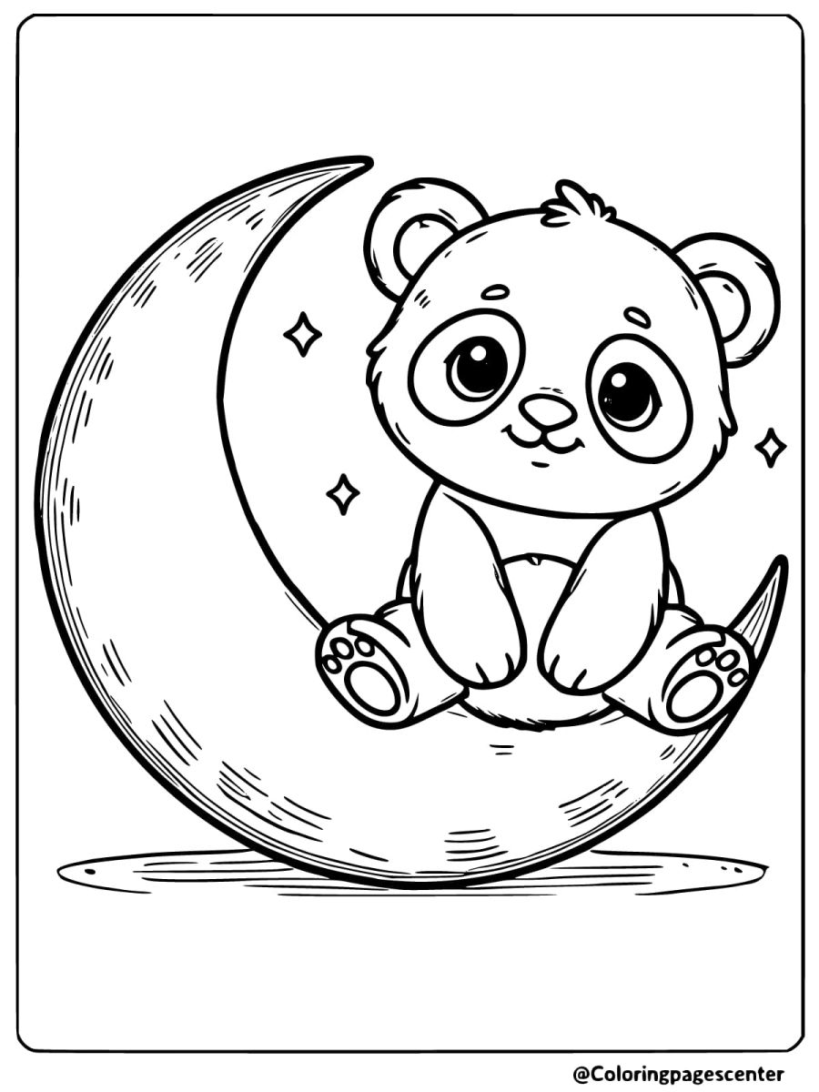 Coloring page of an adorable baby panda sitting on a crescent moon