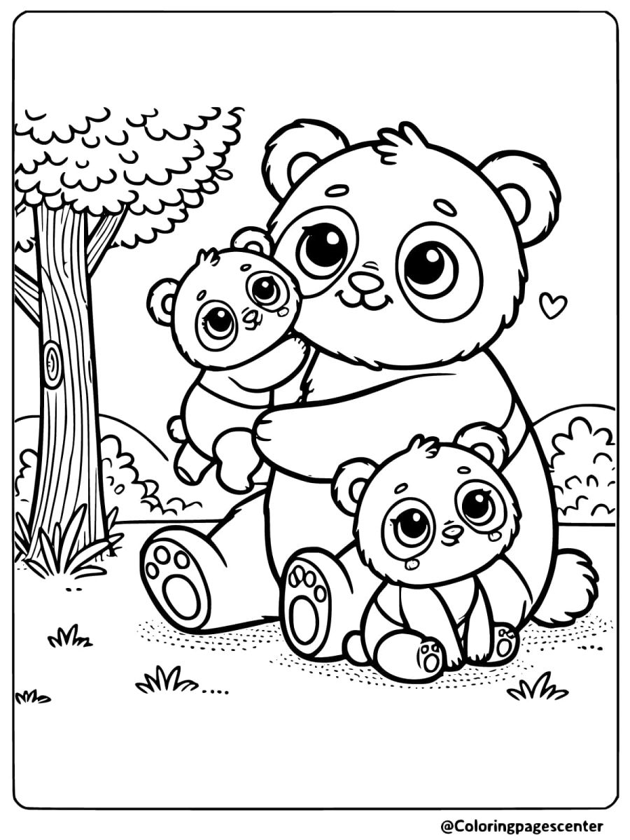 Loving mother panda with her babies coloring page