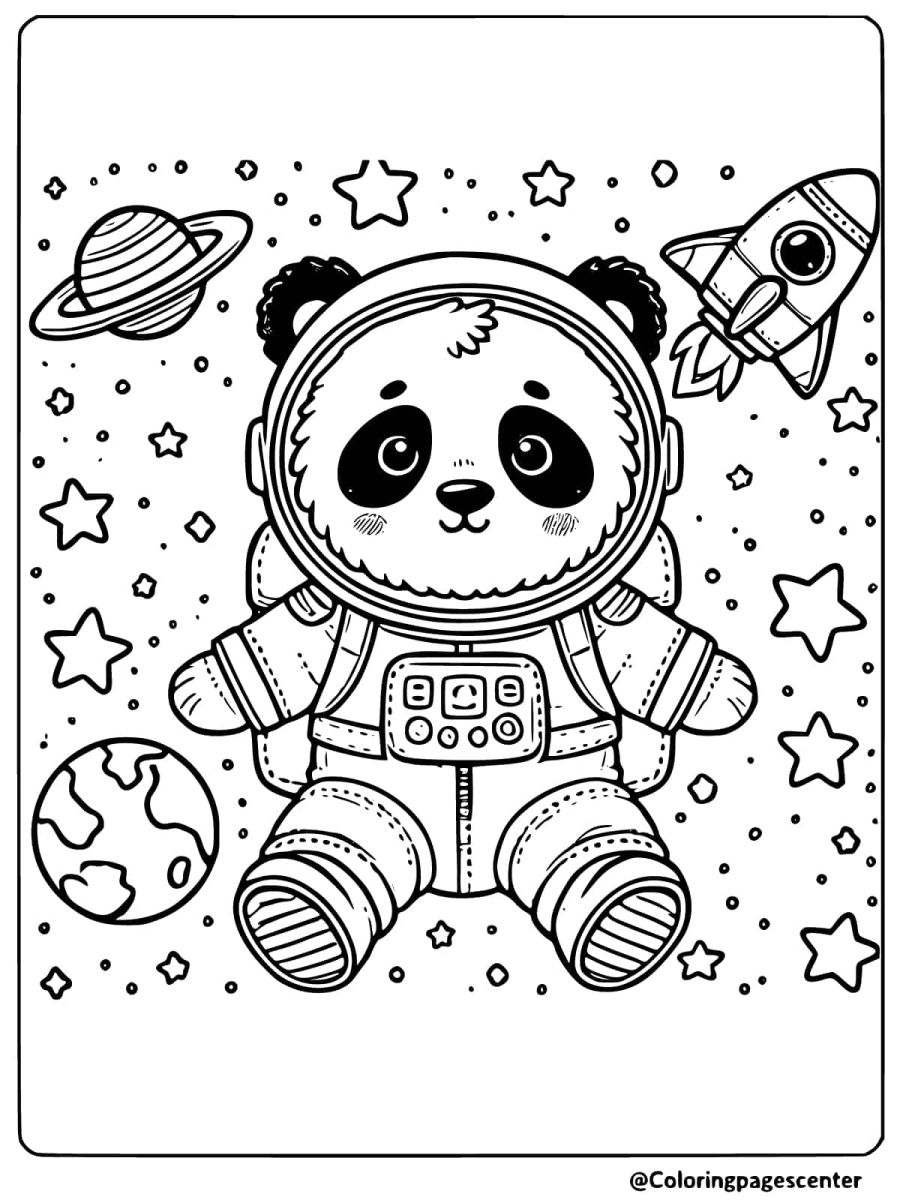 Adorable panda astronaut in space coloring page