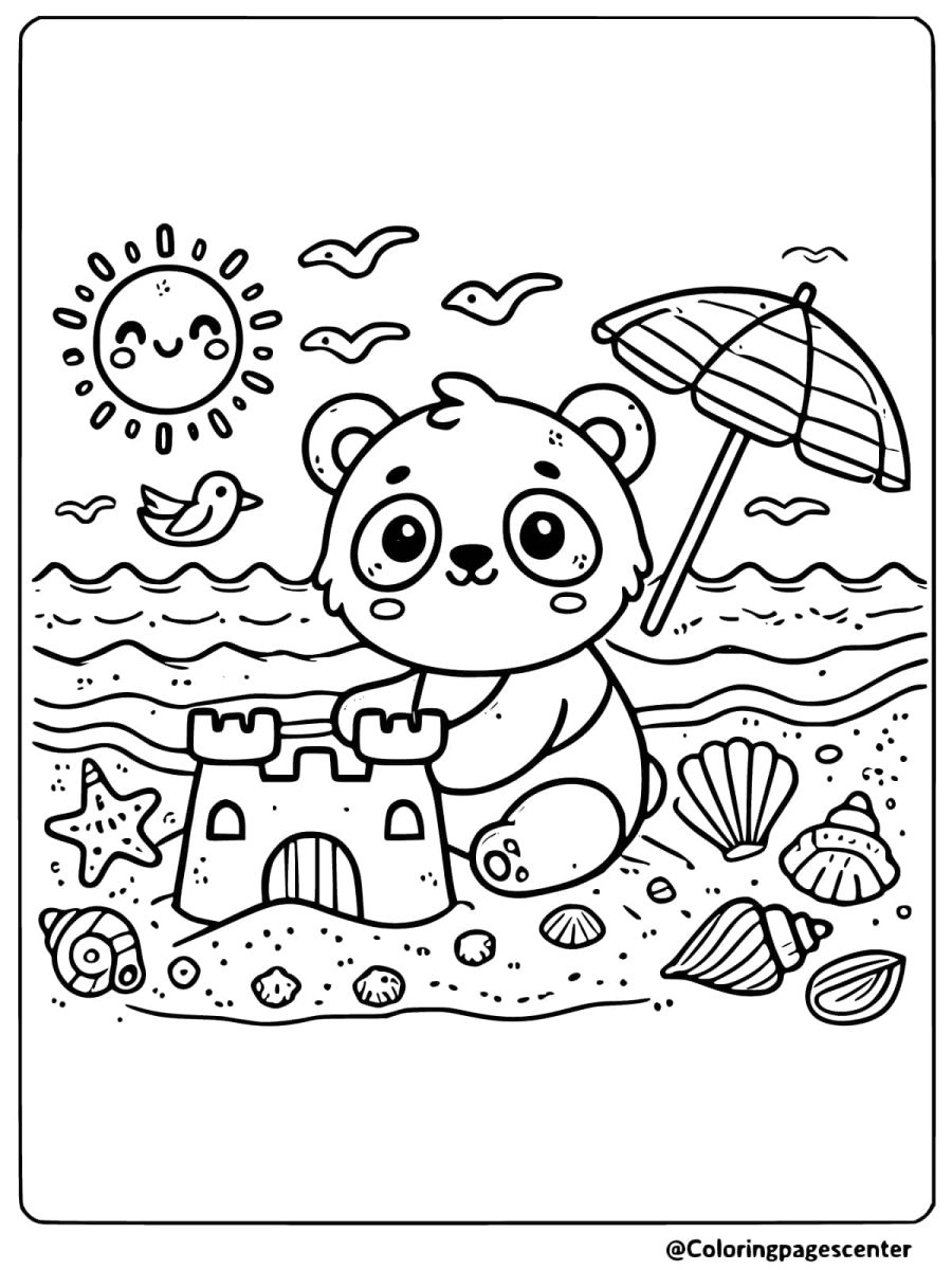 Cute panda enjoying beach day with sandcastle coloring page