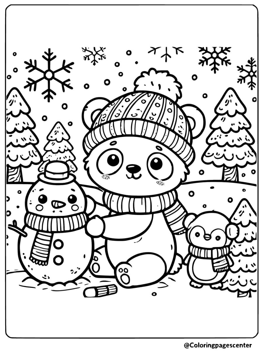 Panda making a snowman in winter coloring page