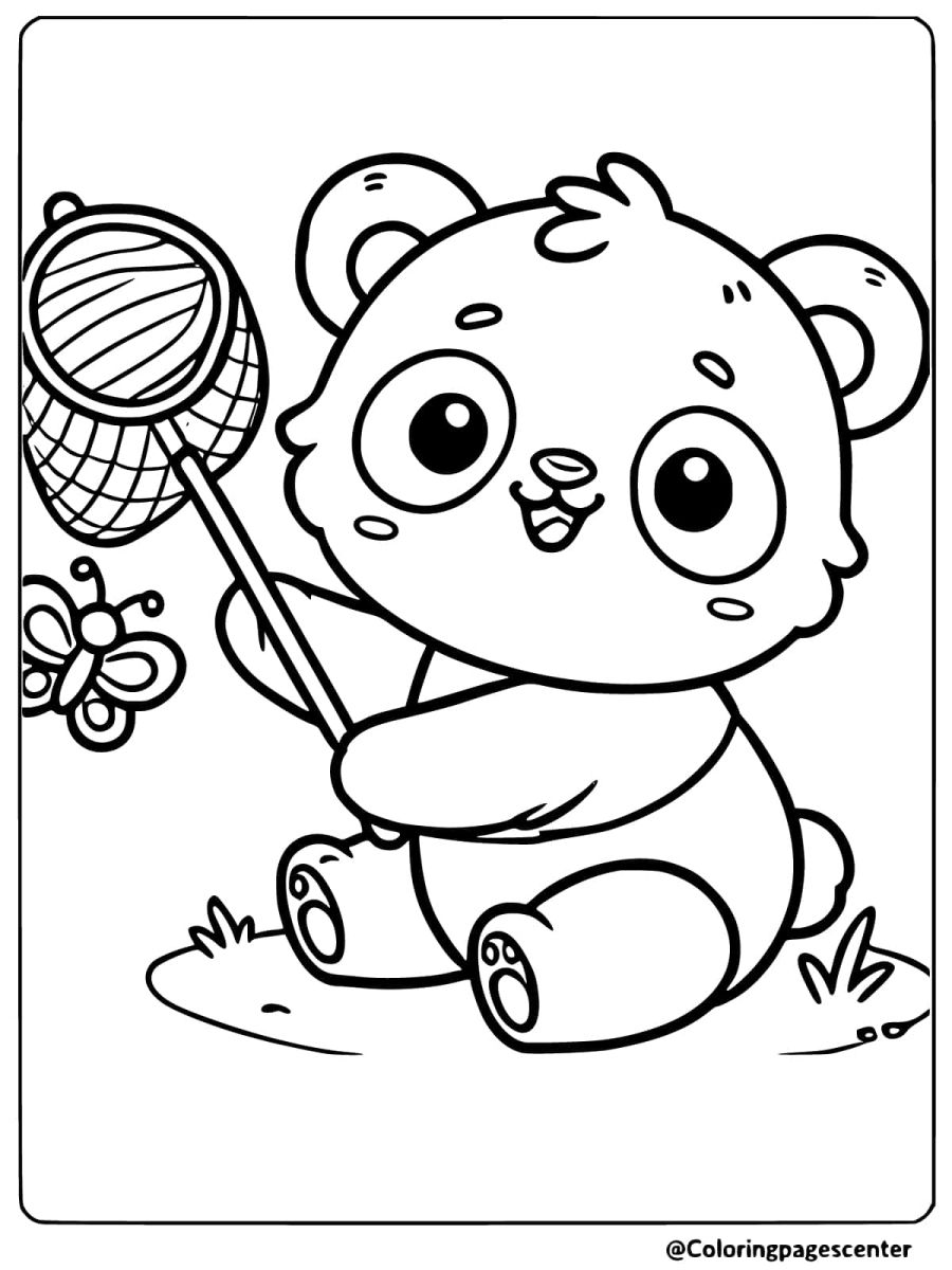 Panda catching butterflies with a net coloring page