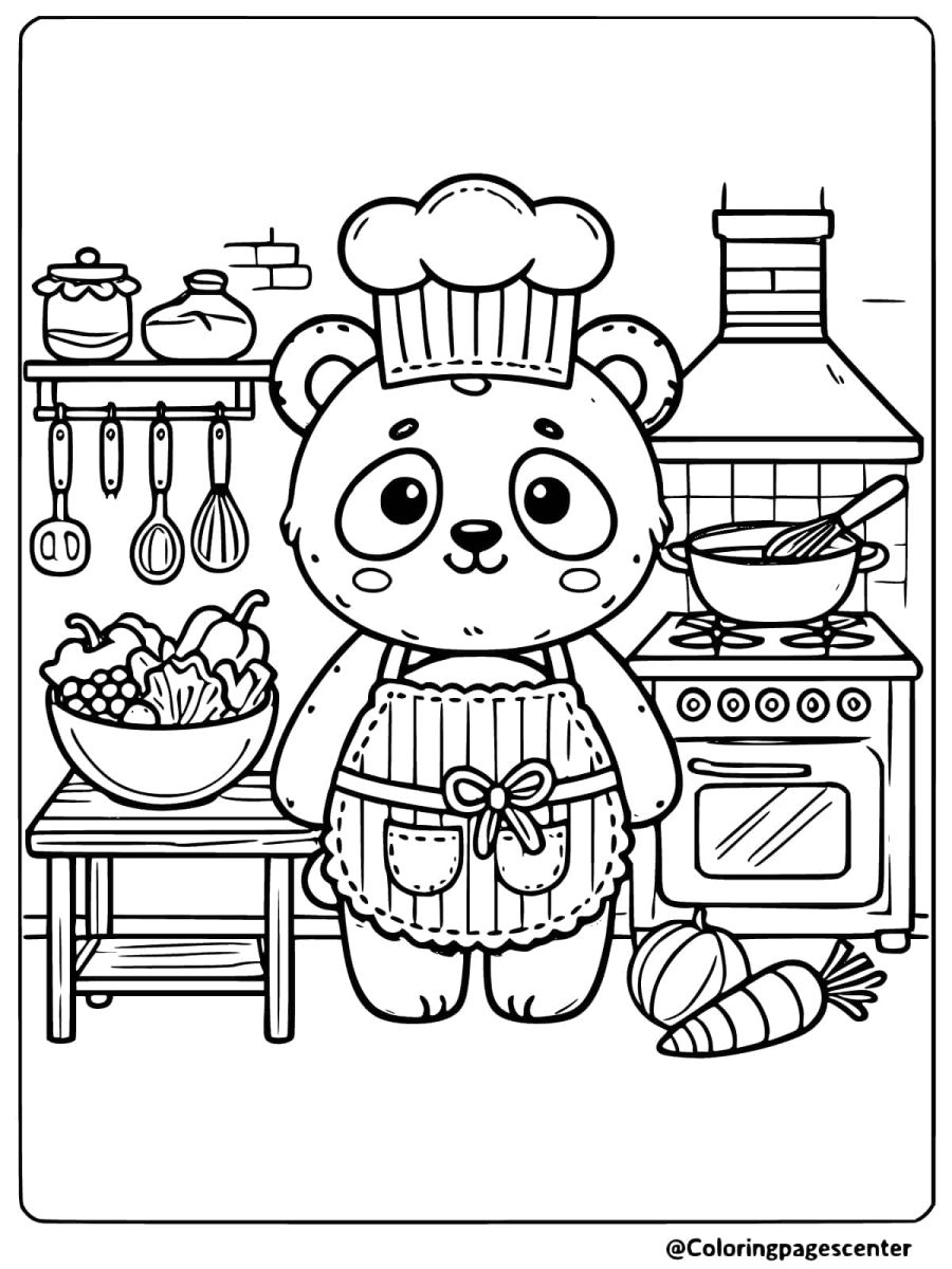 Cute panda in chef outfit cooking coloring page