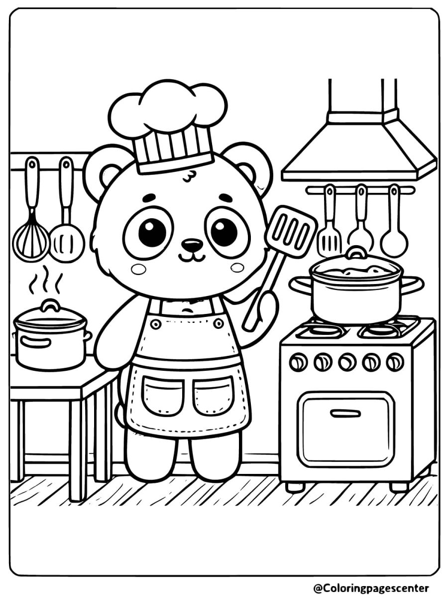 Panda chef cooking a meal with a spatula coloring page