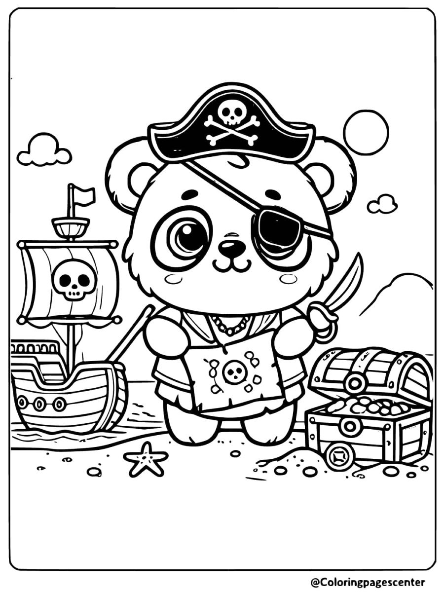 Panda pirate searching for treasure on the beach coloring page