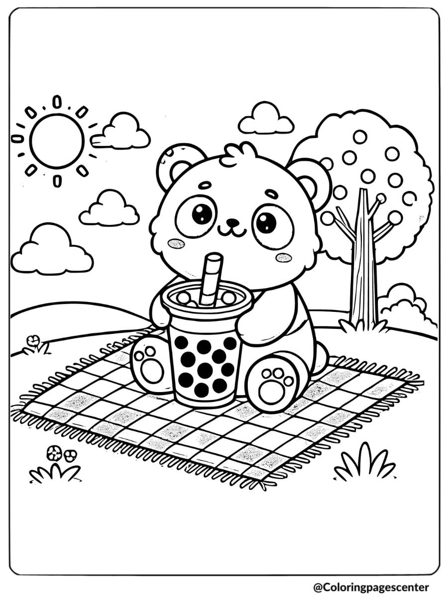 Adorable panda drinking boba tea on a picnic blanket coloring page