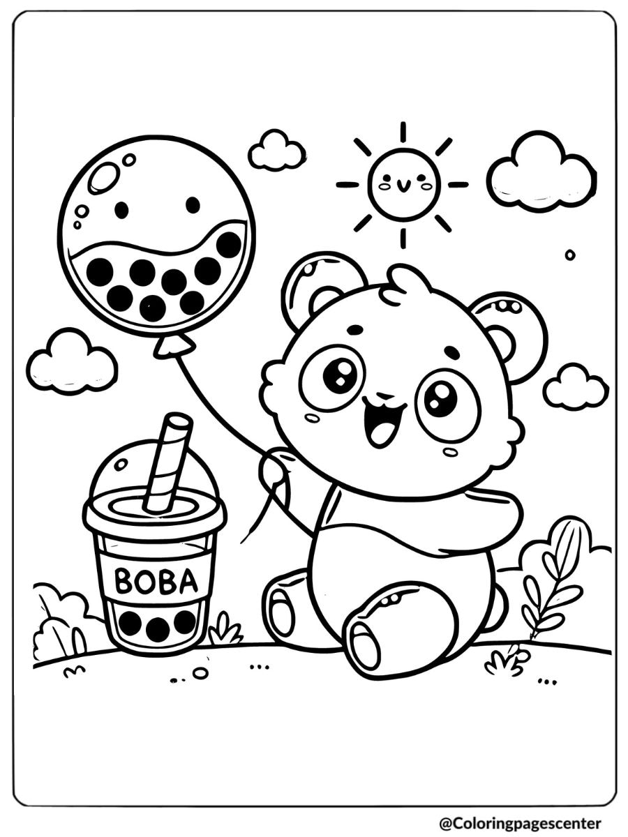 Panda holding a balloon and drinking boba tea coloring page