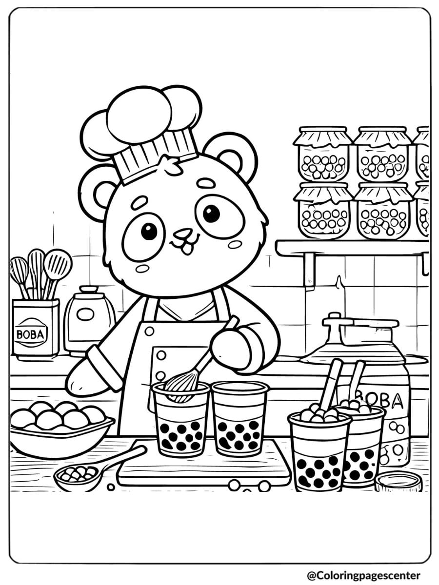 Adorable panda chef preparing and drinking boba tea in a kitchen coloring page