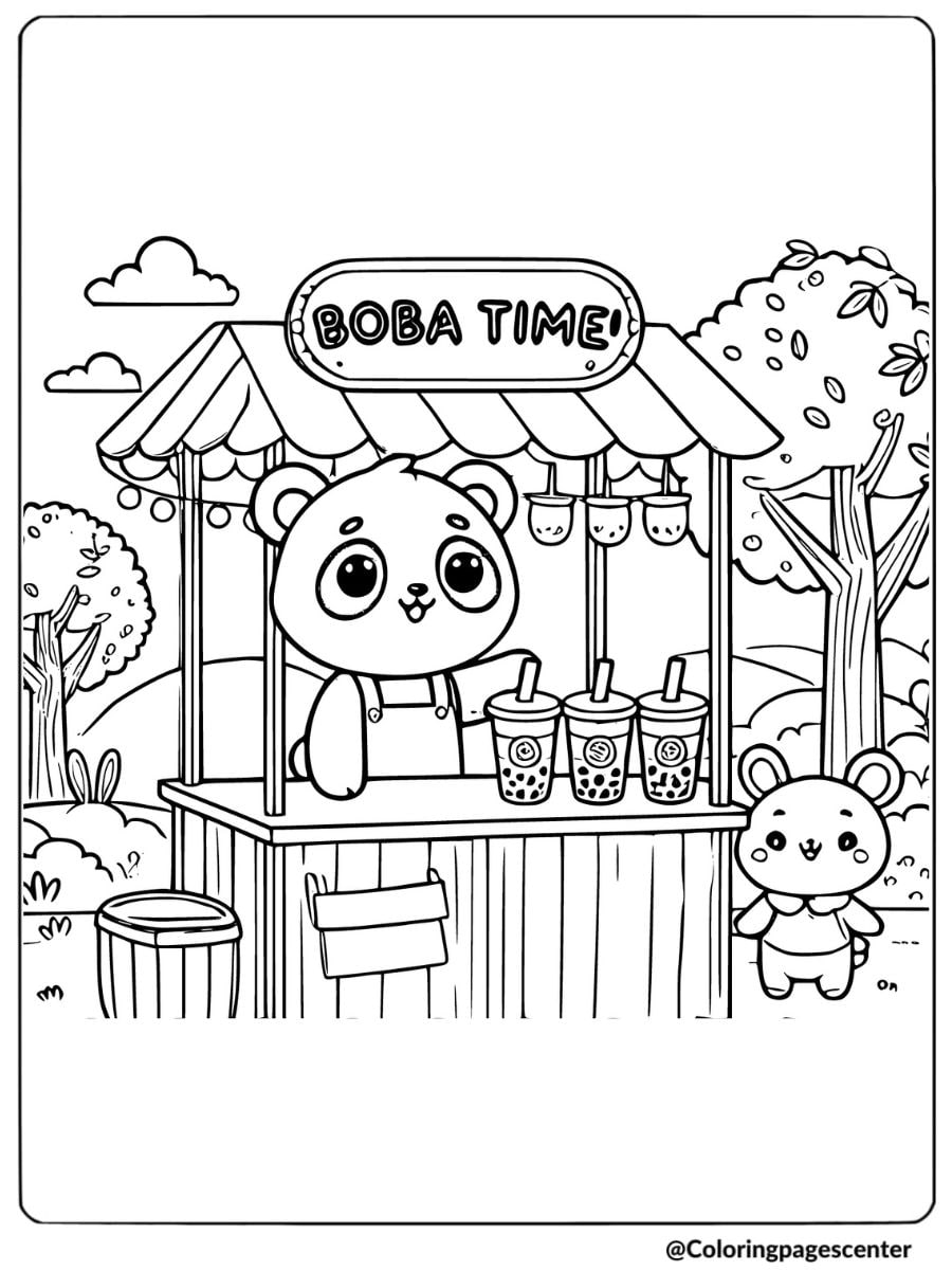 Adorable panda running a stand and drinking boba tea coloring page