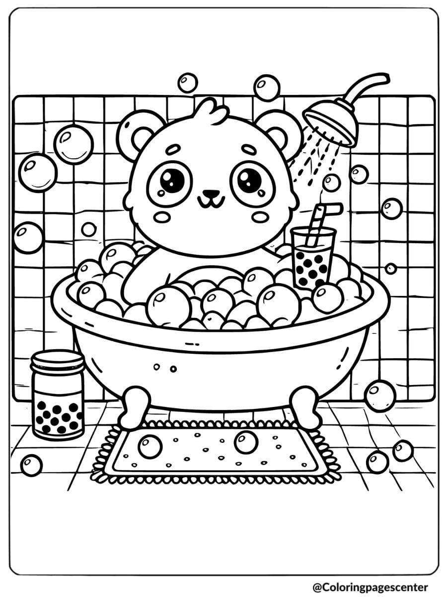 Cute panda relaxing in a bubble bath and drinking boba tea coloring page