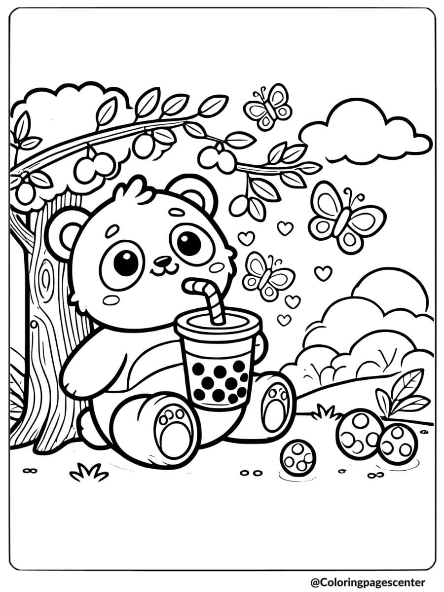 Cute panda drinking boba tea under a tree with butterflies coloring page