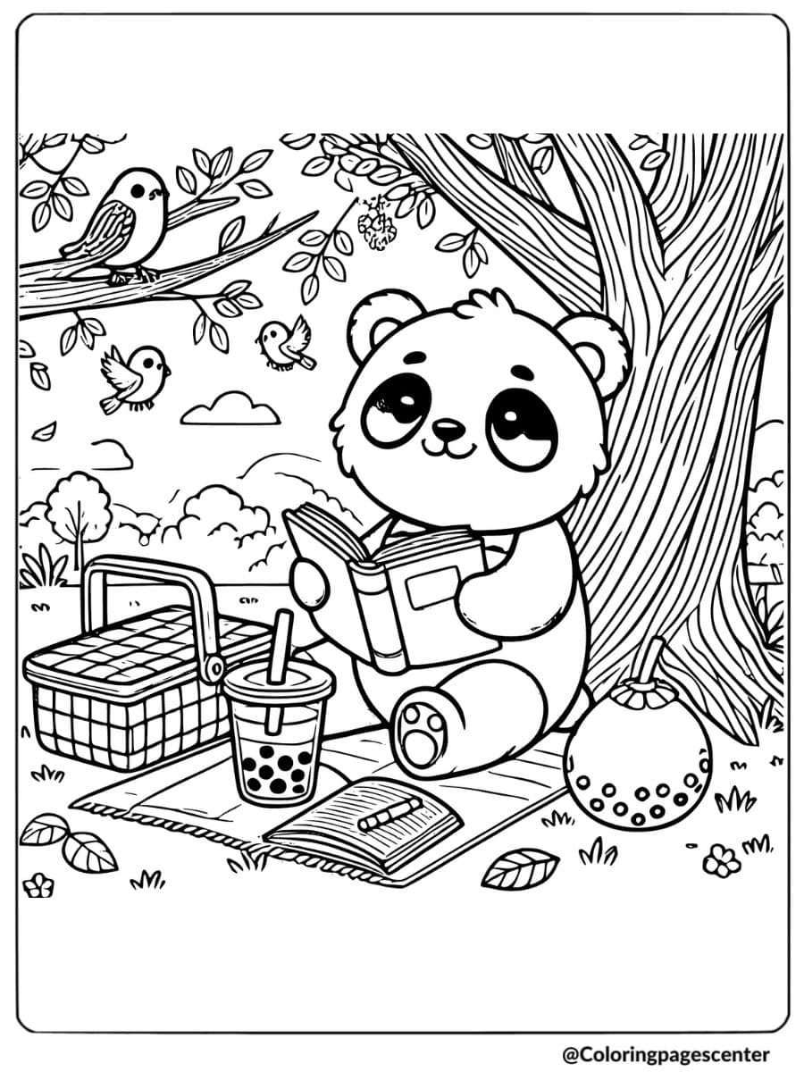 Adorable panda reading and drinking boba tea on a picnic coloring page