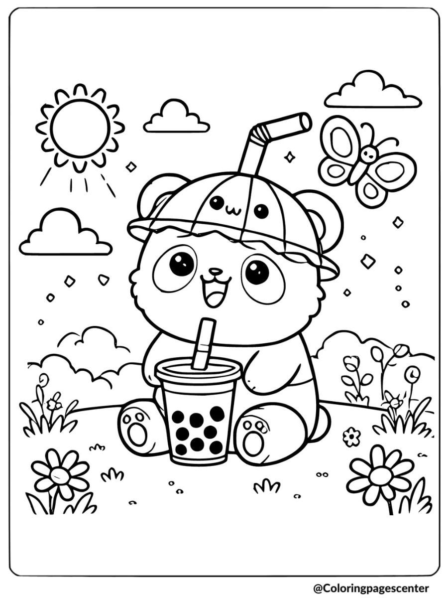 Cute panda drinking boba tea with a fun umbrella hat coloring page