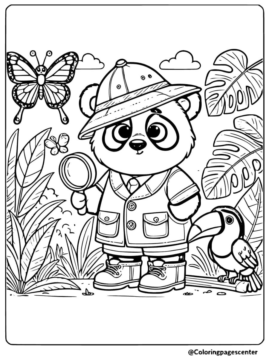 Panda explorer searching in the jungle coloring page