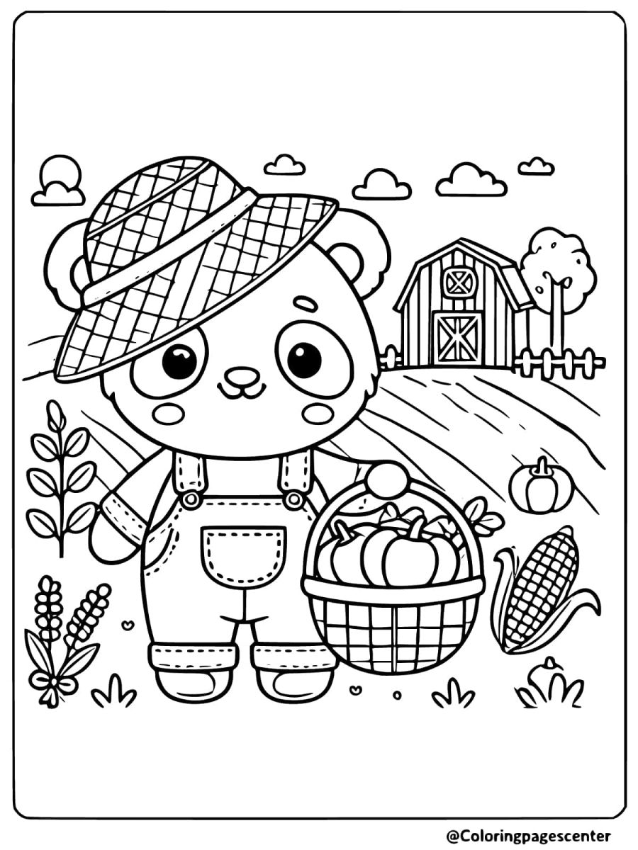 Panda collecting fresh vegetables on the farm coloring page