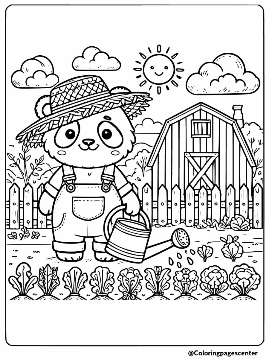 Panda farmer watering plants on the farm coloring page