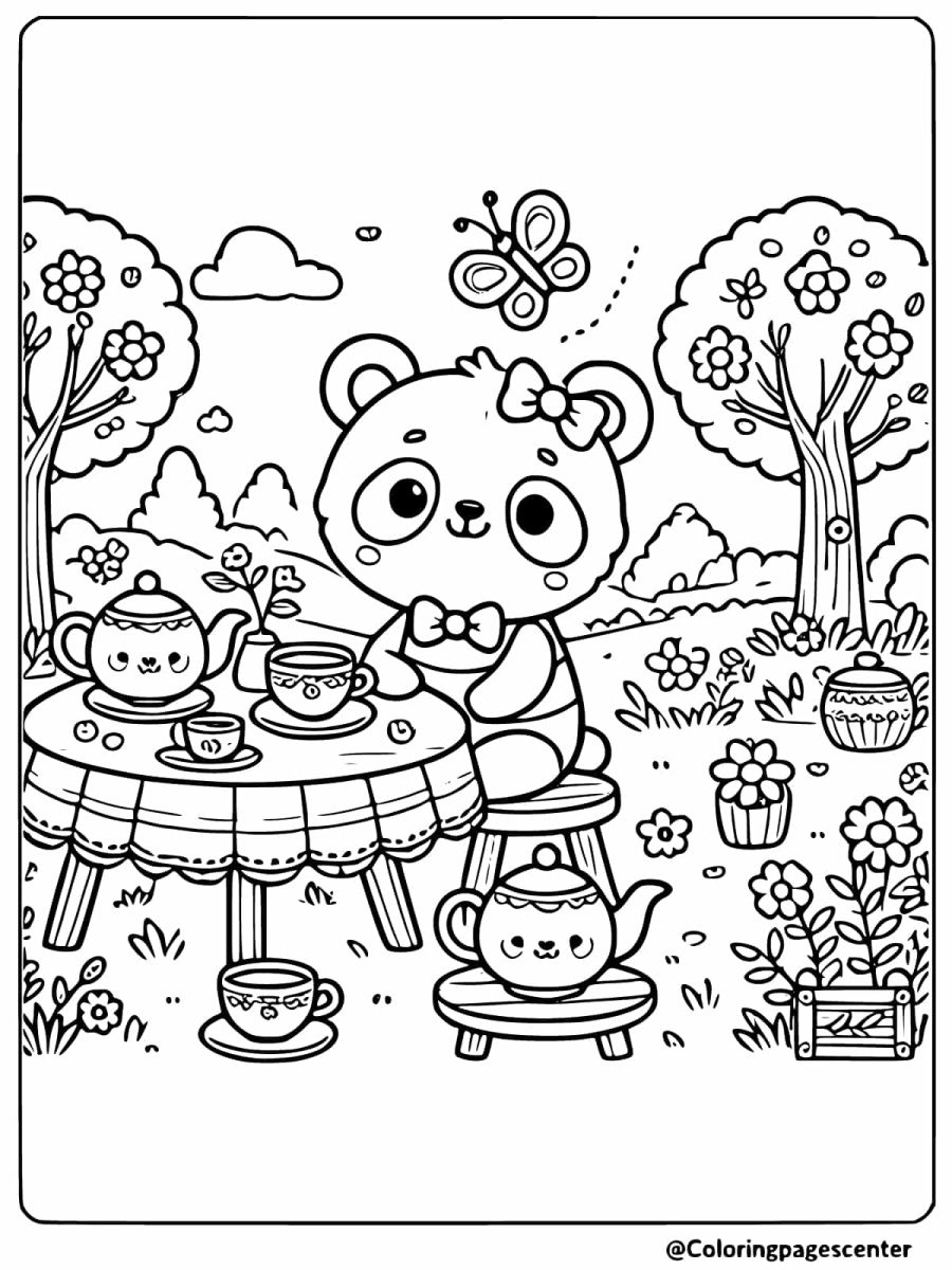 Panda enjoying tea time in a garden coloring page