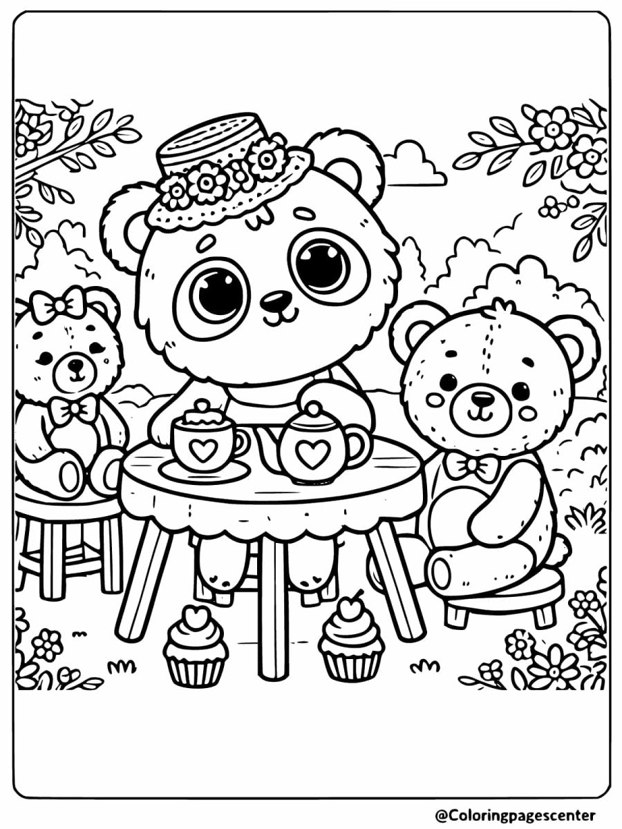 Panda having a cozy tea party with stuffed animals coloring page