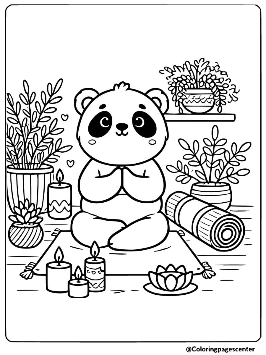 Peaceful panda meditating with candles coloring page