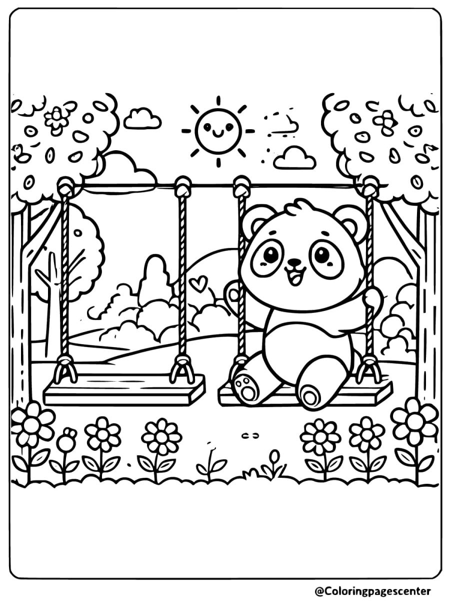 Happy panda swinging in a beautiful garden coloring page