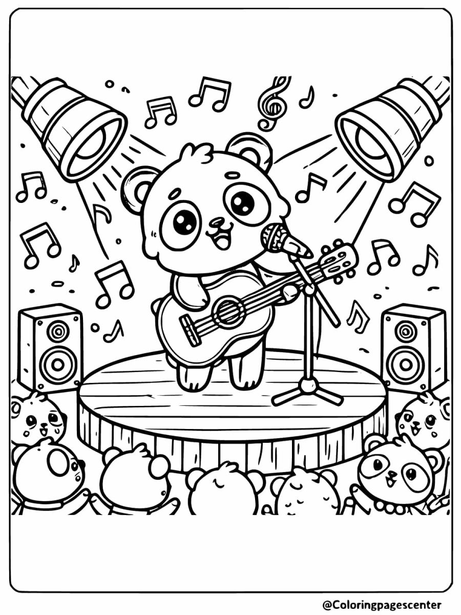 Cute panda singing and playing guitar on stage coloring page