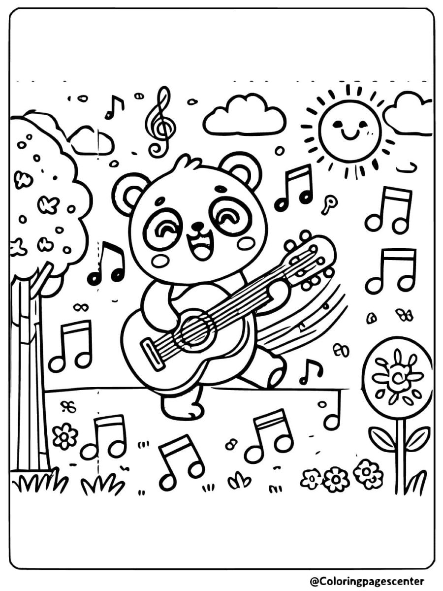 Happy panda playing guitar outdoors coloring page