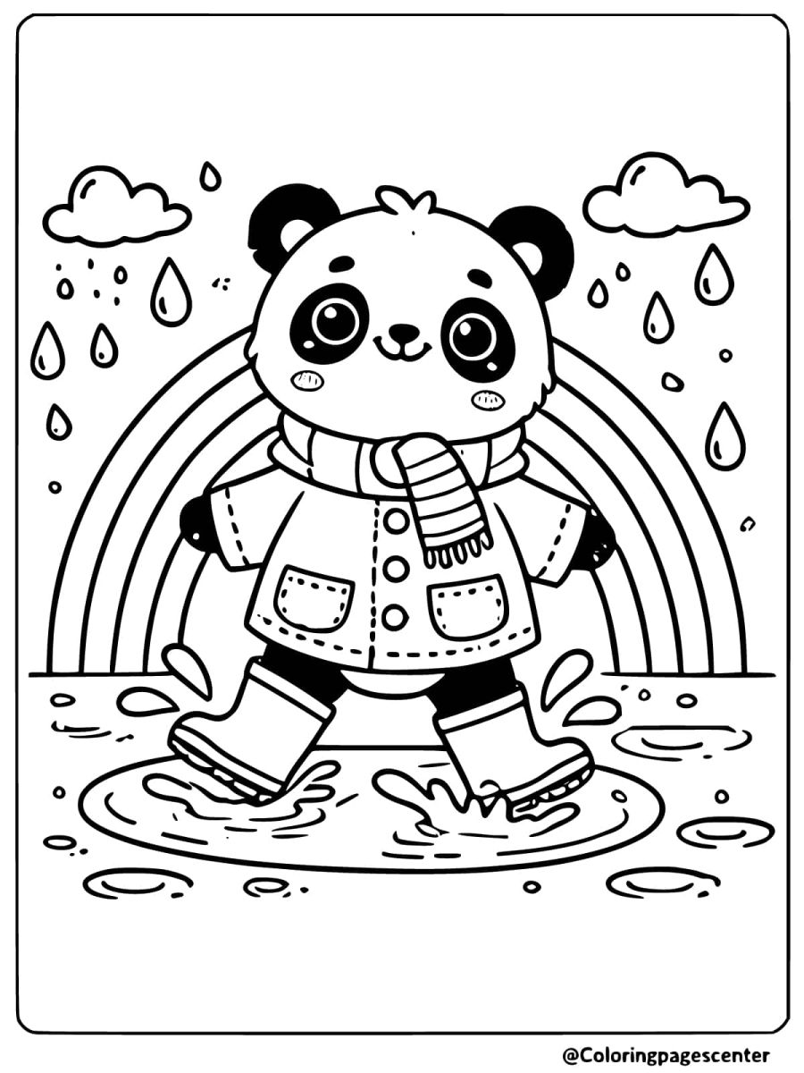 Panda splashing in puddles with rainbow in the background coloring page