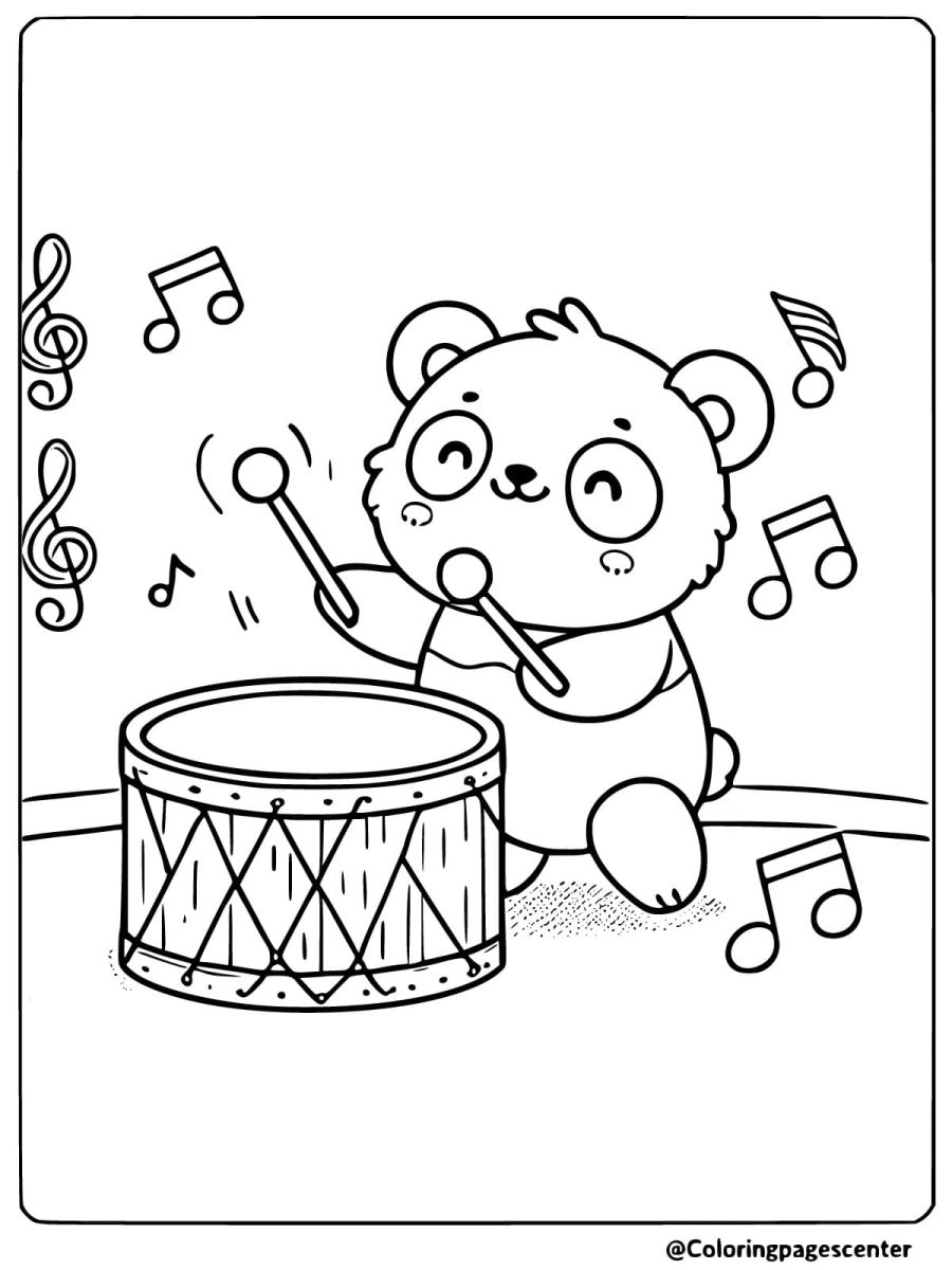 Cute panda drumming with joy coloring page