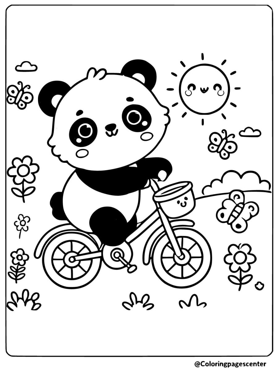 Happy panda on a bicycle coloring page