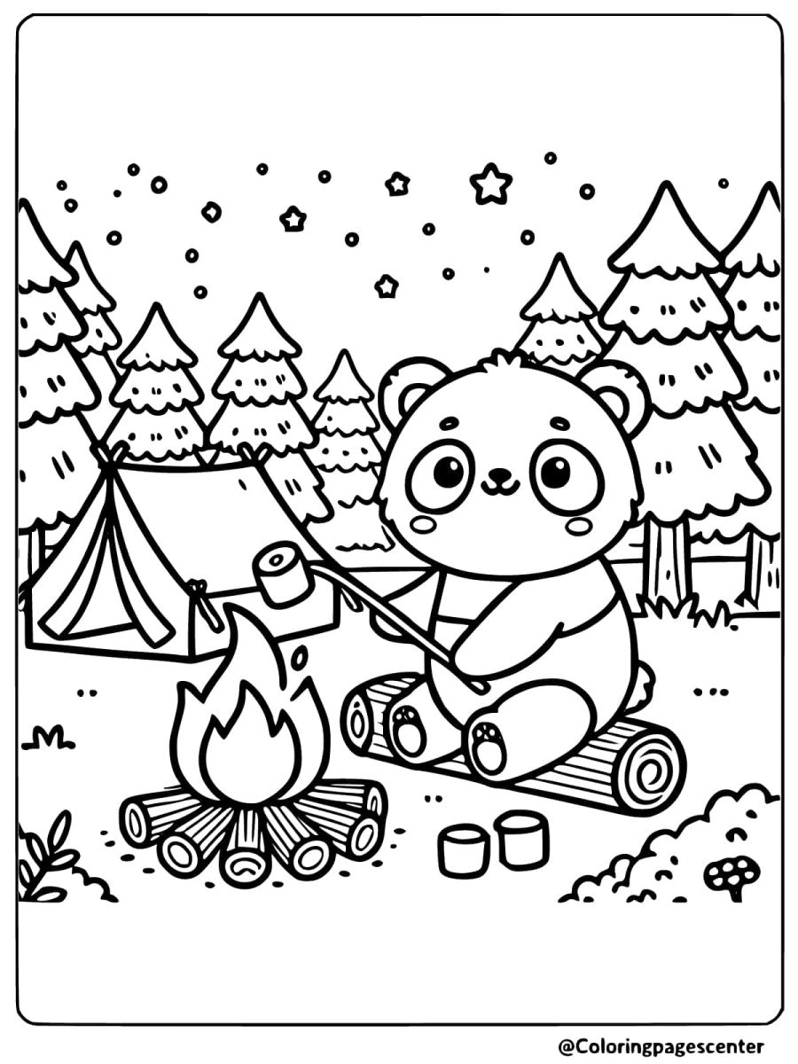 Panda enjoying campfire and roasting marshmallows coloring page