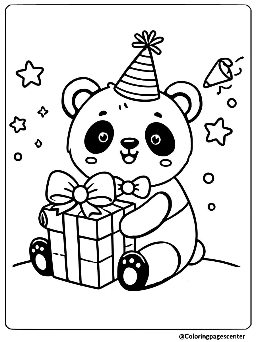 Adorable panda celebrating birthday coloring page