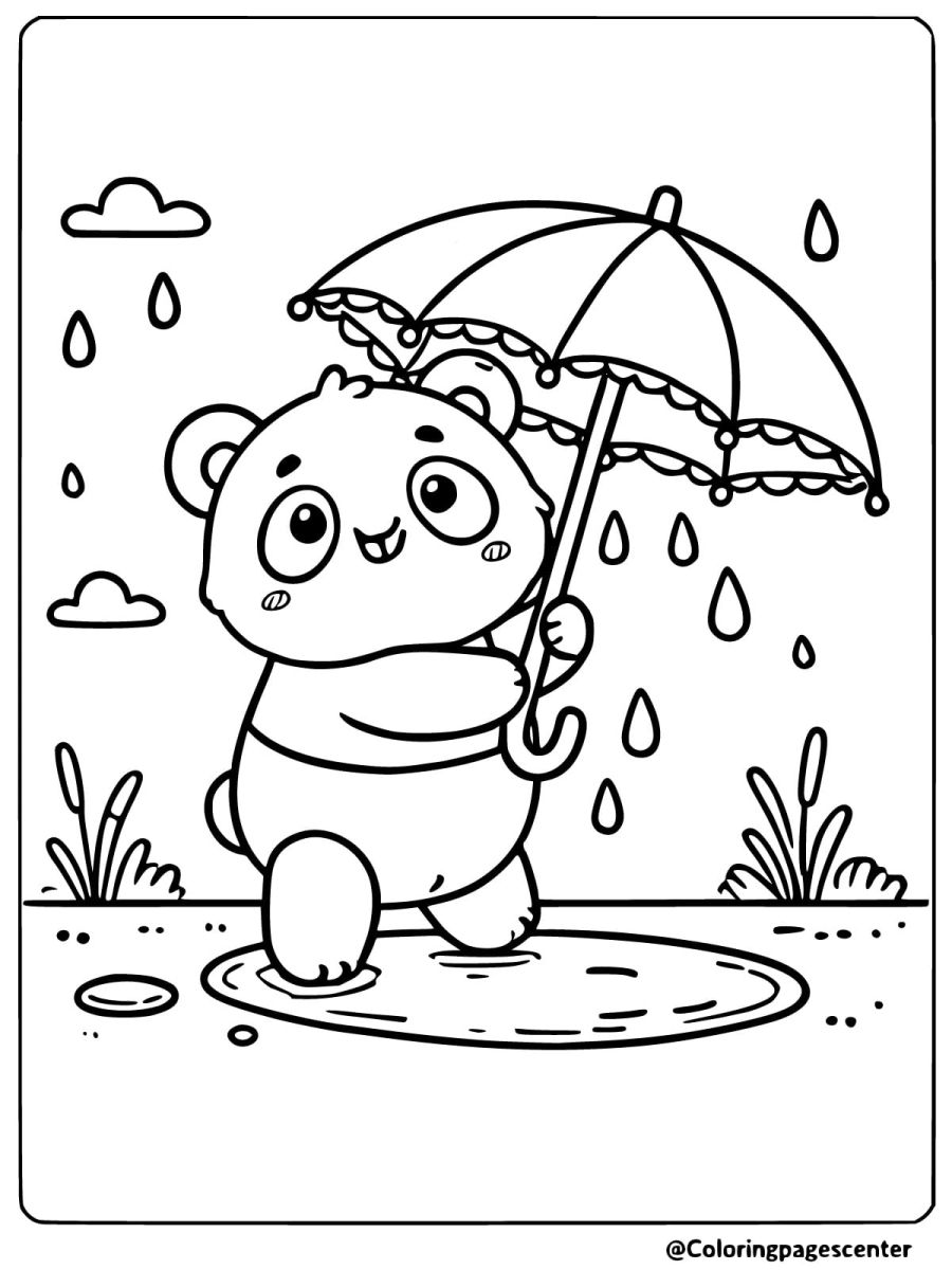 Cute panda enjoying rainy day coloring page