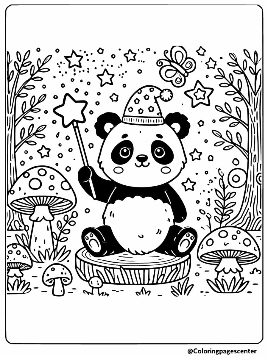 Adorable panda wizard casting magic coloring page