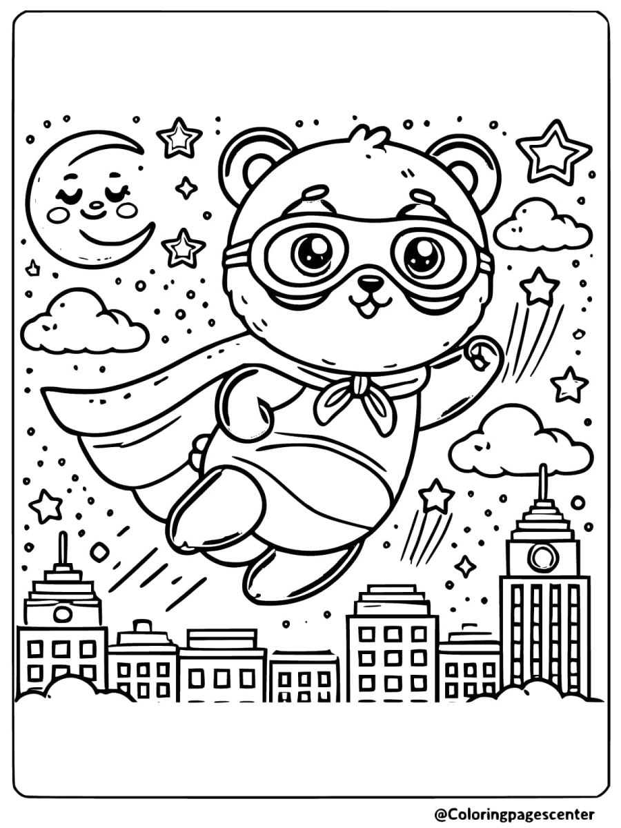 Heroic panda flying over city at night coloring page