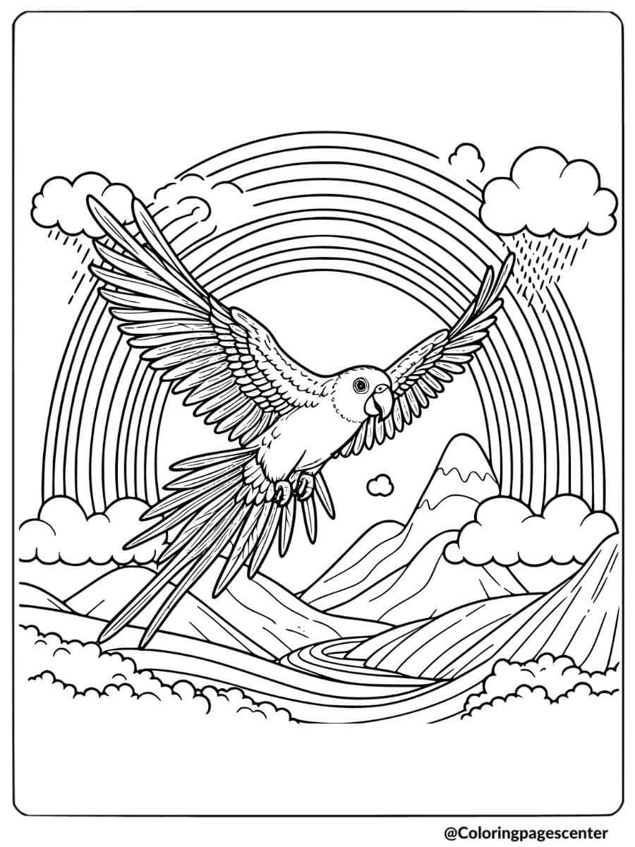 Parrot soaring over a rainbow in a nature-themed coloring page