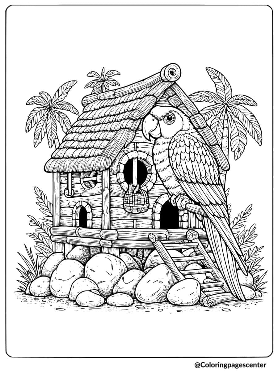 Parrot outside a beach hut with palm trees in a tropical coloring page