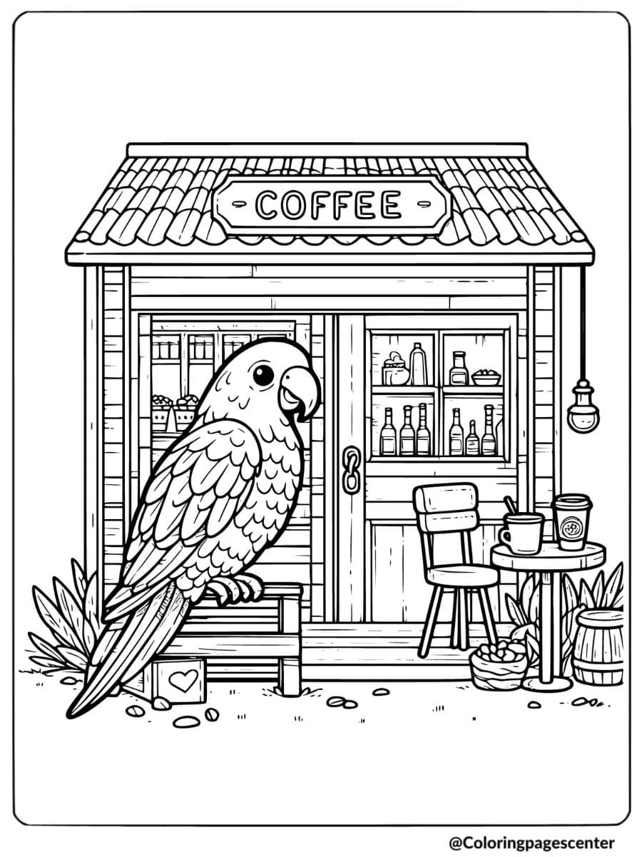 Parrot outside a coffee shop in a cozy setting coloring page