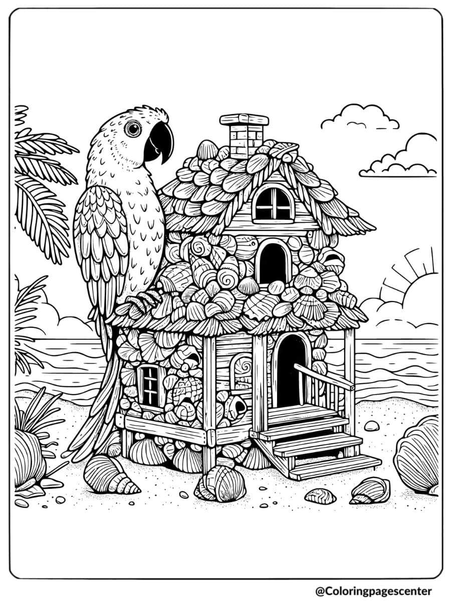 Parrot sitting beside a shell-covered cottage in coloring page