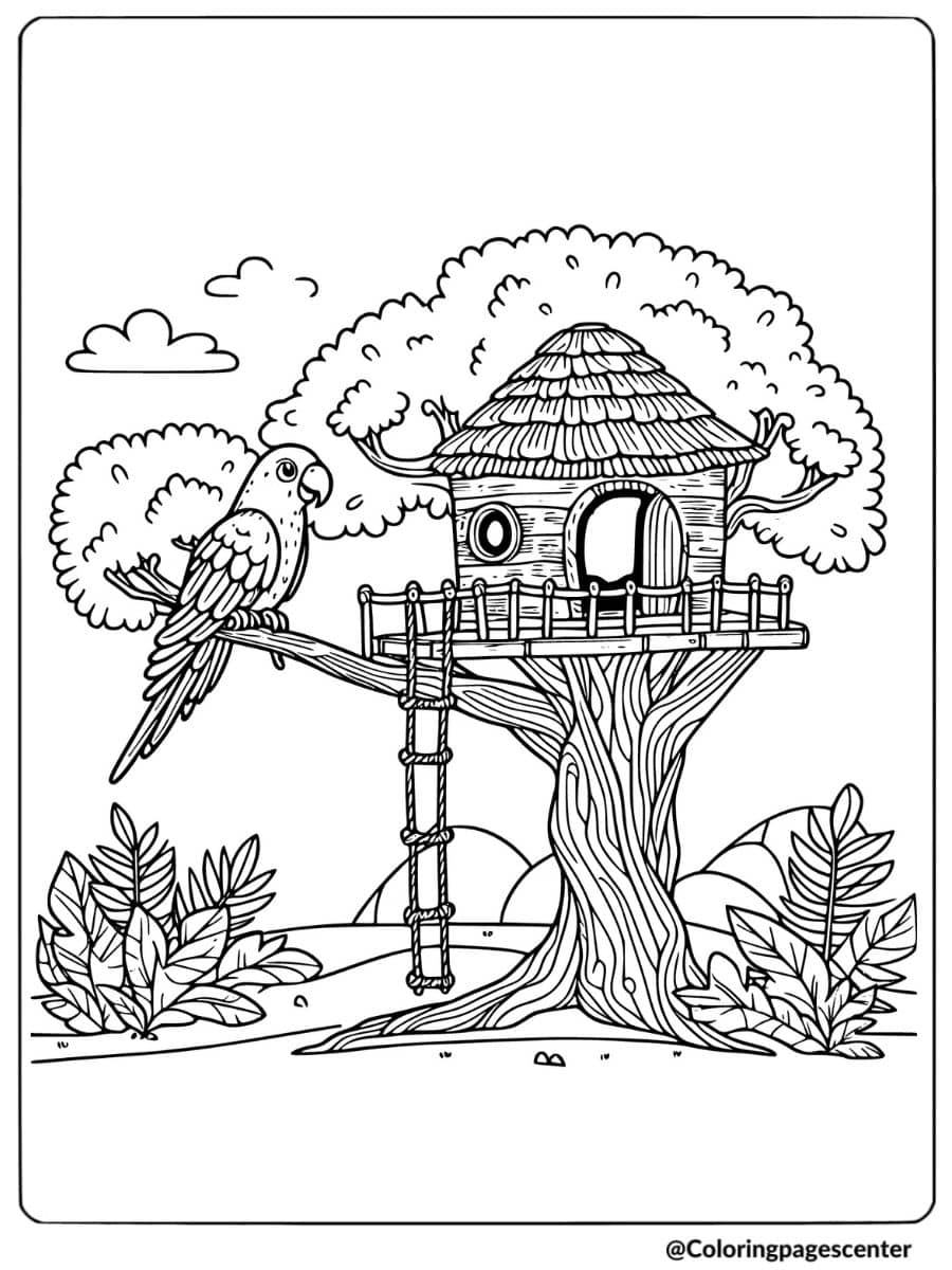 Parrot perched on treehouse branch in a playful coloring page