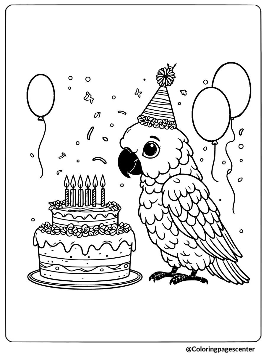 Parrot celebrating birthday with cake and balloons coloring page