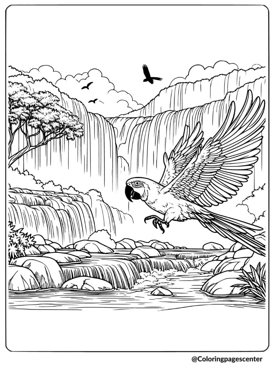 Parrot soaring above waterfalls in a peaceful nature coloring page