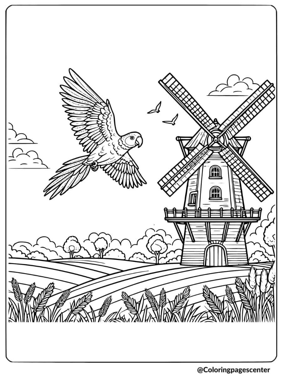 Parrot soaring by a countryside windmill in coloring page