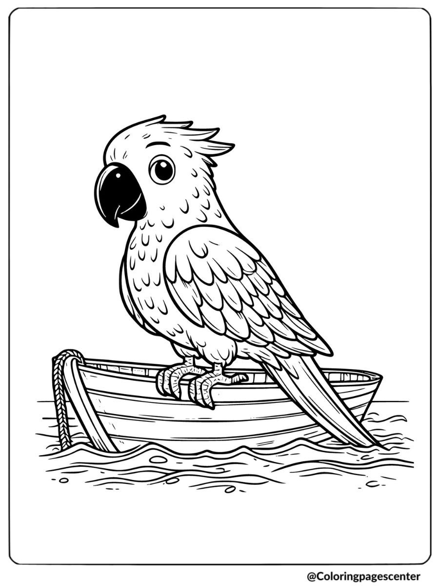 Parrot sitting in a small boat in a fun nautical coloring page