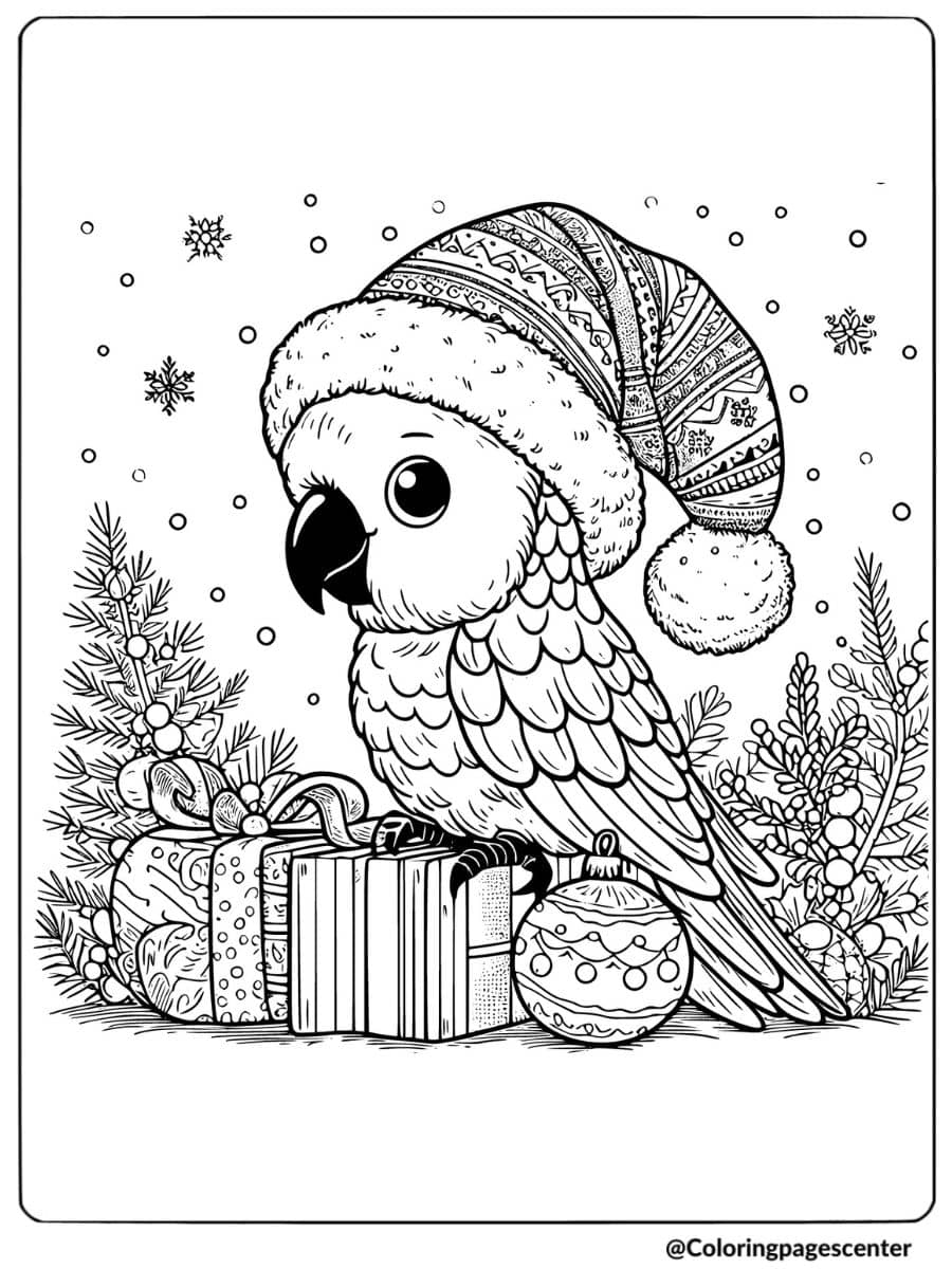 Parrot wearing Christmas hat with gifts in winter-themed coloring page