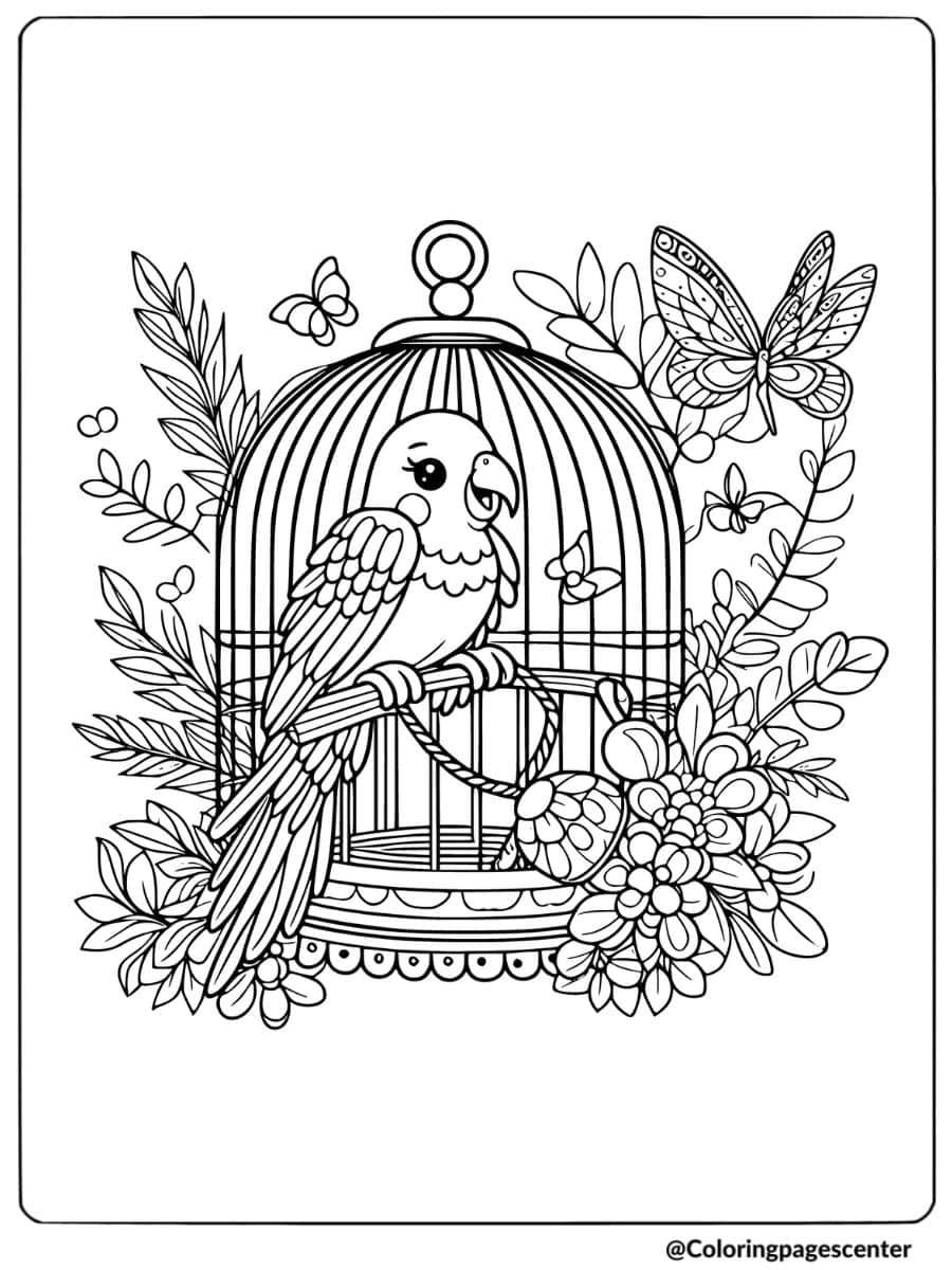 Parrot in a decorative birdcage surrounded by flowers coloring page