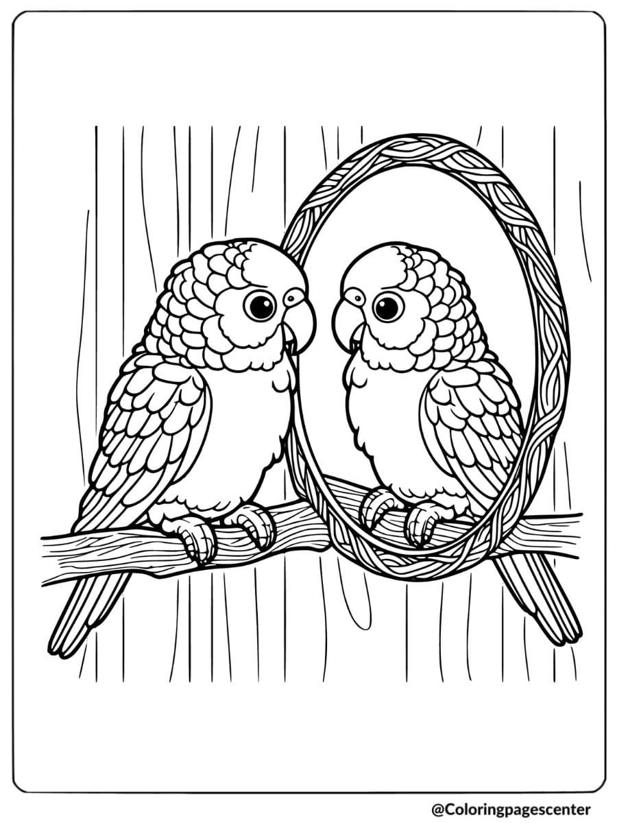 Parrot admiring itself in a mirror on a cute coloring page