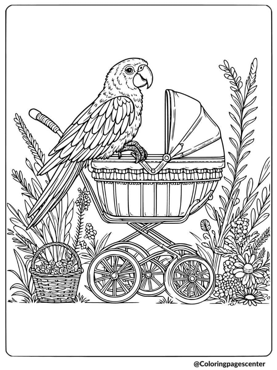 Parrot perched on a baby stroller in a garden-themed coloring page